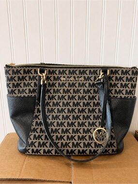 Michael Kors Black and Brown MK Logo Tote with Gold Accents